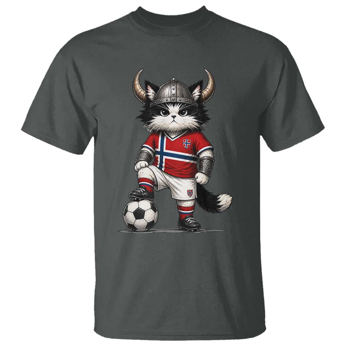 Norway Soccer Fan T Shirt Cute Viking Cat Norwegian Flag Nordic Football Lovers TS10 Dark Heather Print Your Wear