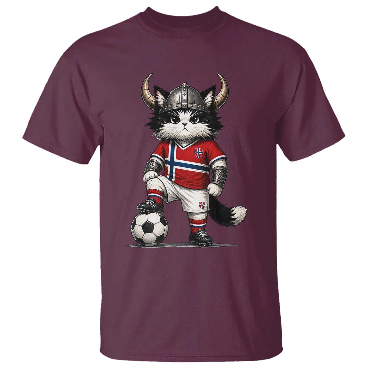 Norway Soccer Fan T Shirt Cute Viking Cat Norwegian Flag Nordic Football Lovers TS10 Maroon Print Your Wear
