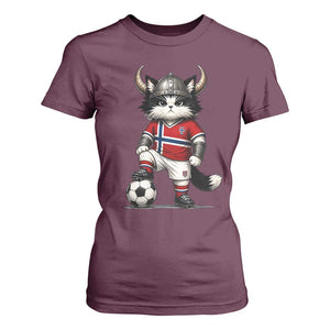 Norway Soccer Fan T Shirt For Women Cute Viking Cat Norwegian Flag Nordic Football Lovers TS10 Maroon Print Your Wear