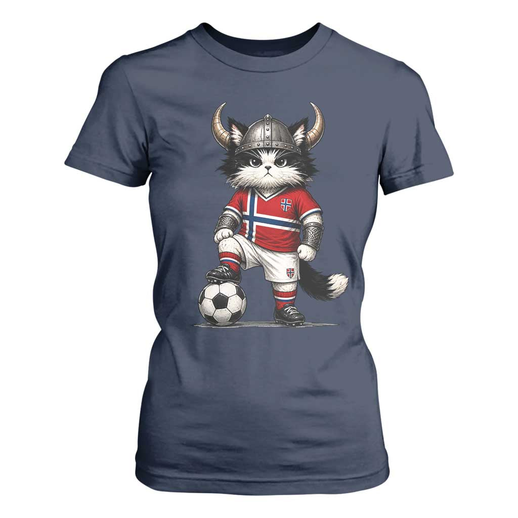 Norway Soccer Fan T Shirt For Women Cute Viking Cat Norwegian Flag Nordic Football Lovers TS10 Navy Print Your Wear