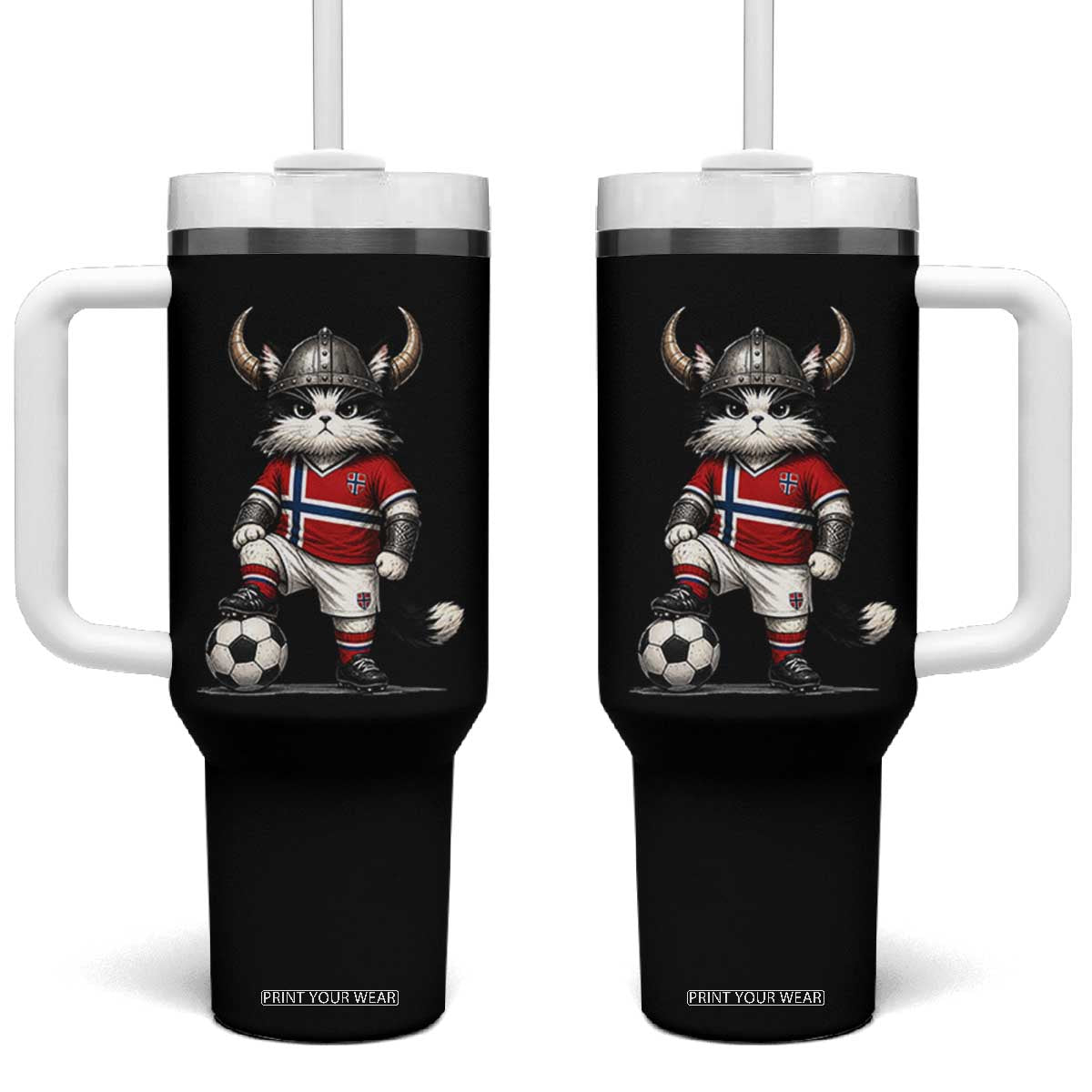 Norway Soccer Fan Tumbler With Handle Cute Viking Cat Norwegian Flag Nordic Football Lovers TS10 One Size: 40 oz Black Print Your Wear