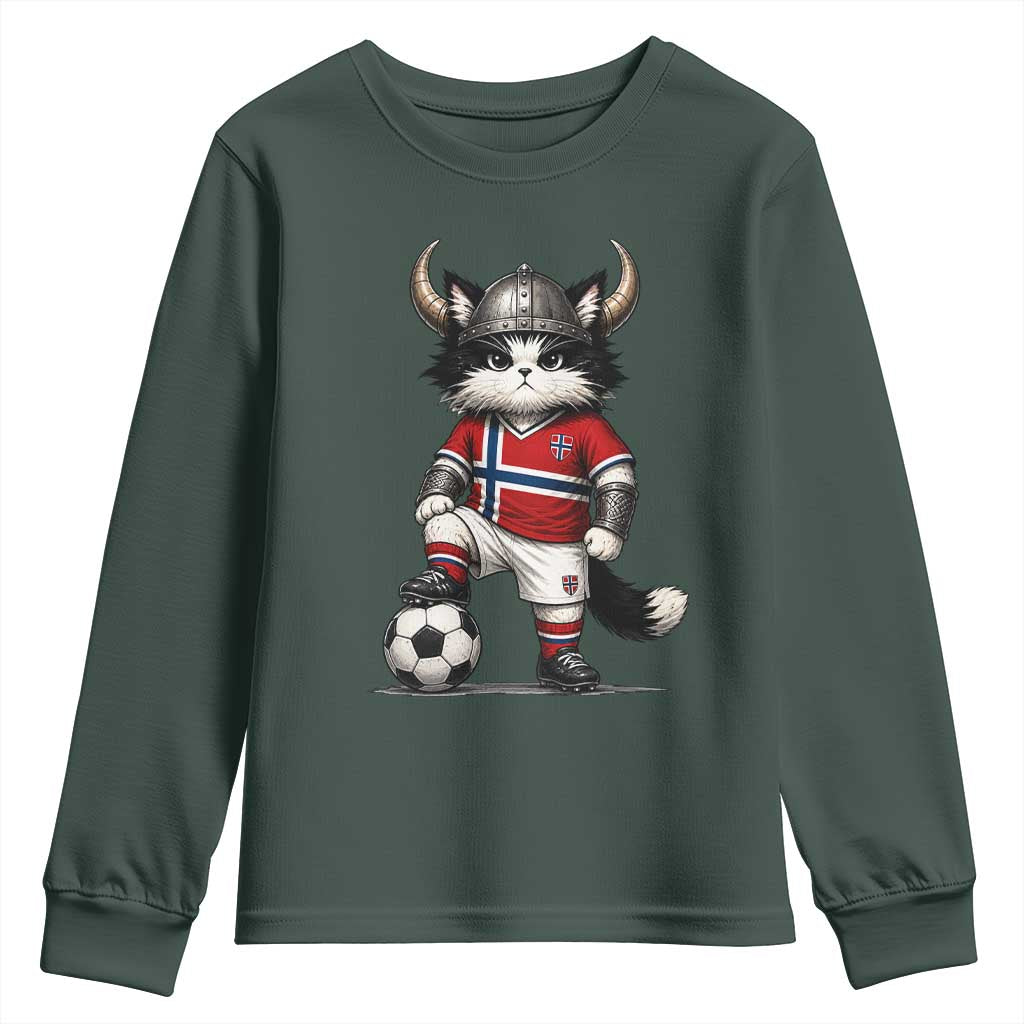 Norway Soccer Fan Youth Sweatshirt Cute Viking Cat Norwegian Flag Nordic Football Lovers TS10 Dark Forest Green Print Your Wear