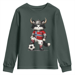 Norway Soccer Fan Youth Sweatshirt Cute Viking Cat Norwegian Flag Nordic Football Lovers TS10 Dark Forest Green Print Your Wear