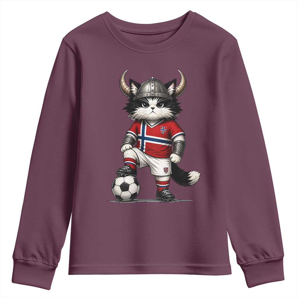 Norway Soccer Fan Youth Sweatshirt Cute Viking Cat Norwegian Flag Nordic Football Lovers TS10 Maroon Print Your Wear