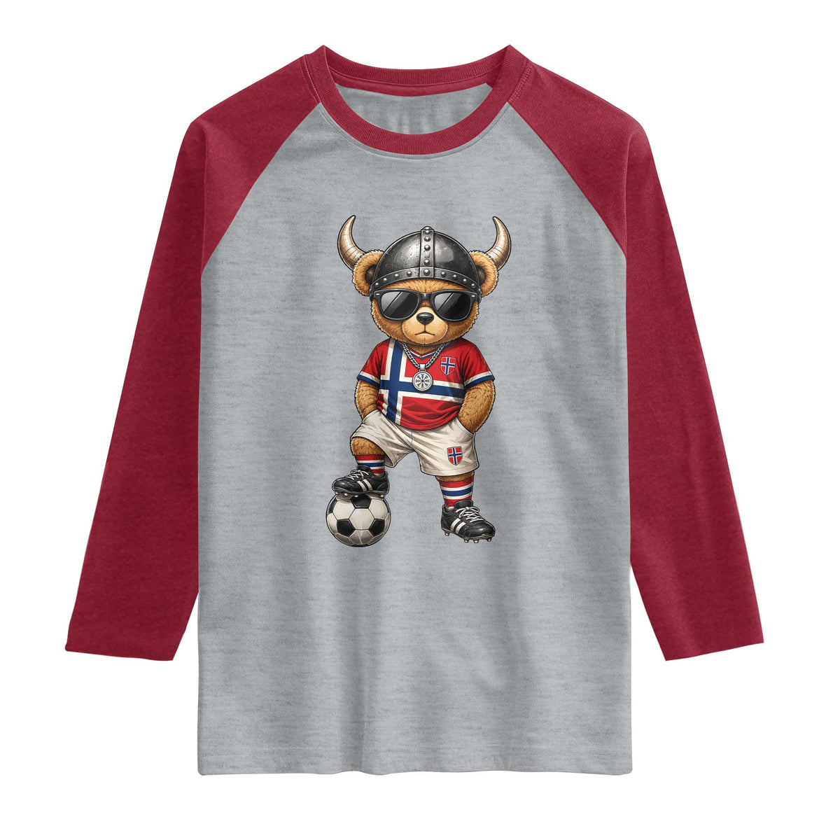 Norway Soccer Fan Raglan Shirt Cool Viking Bear Nordic Football Norwegian Flag TS10 Heather Gray Heather Red Print Your Wear