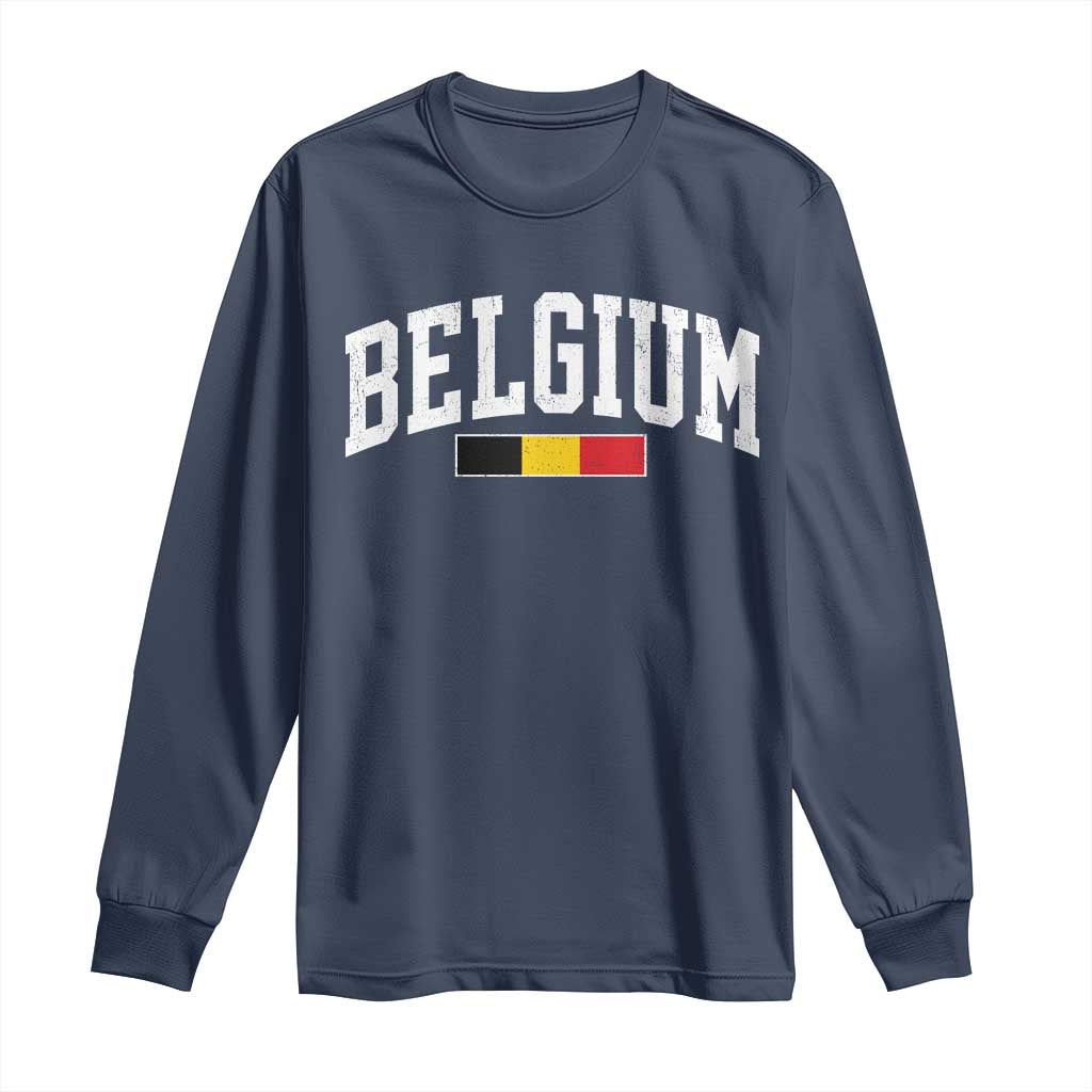 Vintage Belgium Flag Graphic Long Sleeve Shirt Belgian Pride Patriotic Gift TS10 Navy Print Your Wear