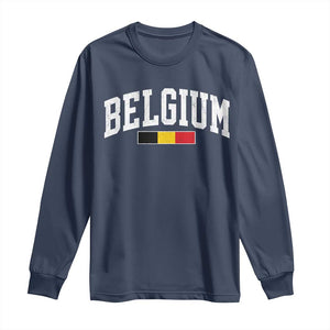 Vintage Belgium Flag Graphic Long Sleeve Shirt Belgian Pride Patriotic Gift TS10 Navy Print Your Wear