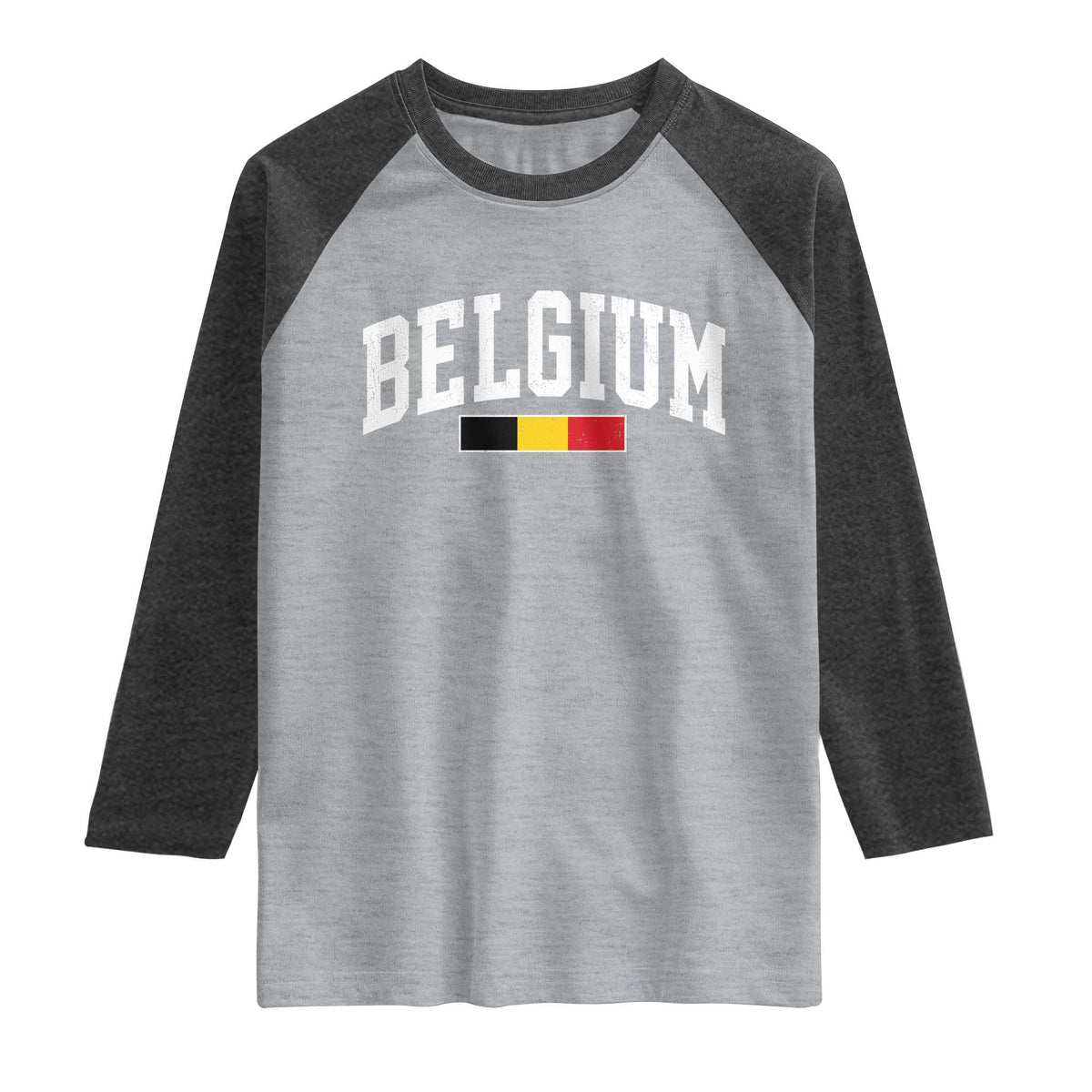 Vintage Belgium Flag Graphic Raglan Shirt Belgian Pride Patriotic Gift TS10 Heather Gray Heather Charcoal Print Your Wear