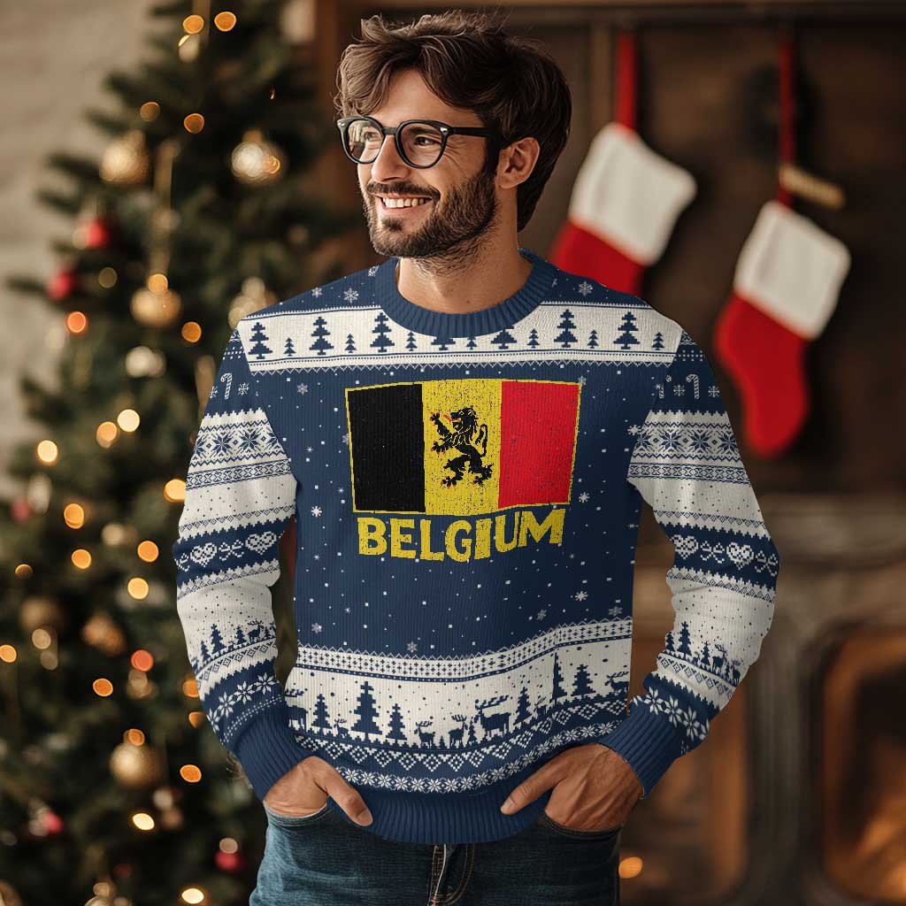 Vintage Belgium Soccer Flag with Lion Graphic Ugly Christmas Sweater Belgian Football Pride Gift for Fans TS10 Navy Beige Print Your Wear