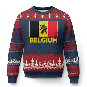 Vintage Belgium Soccer Flag with Lion Graphic Ugly Christmas Sweater Belgian Football Pride Gift for Fans TS10 Navy Red Print Your Wear