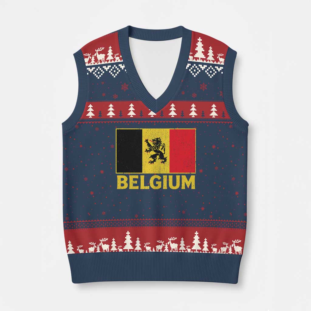 Vintage Belgium Soccer Flag with Lion Graphic V-Neck Knit Sweater Vest Belgian Football Pride Gift for Fans TS10 Navy Red Print Your Wear
