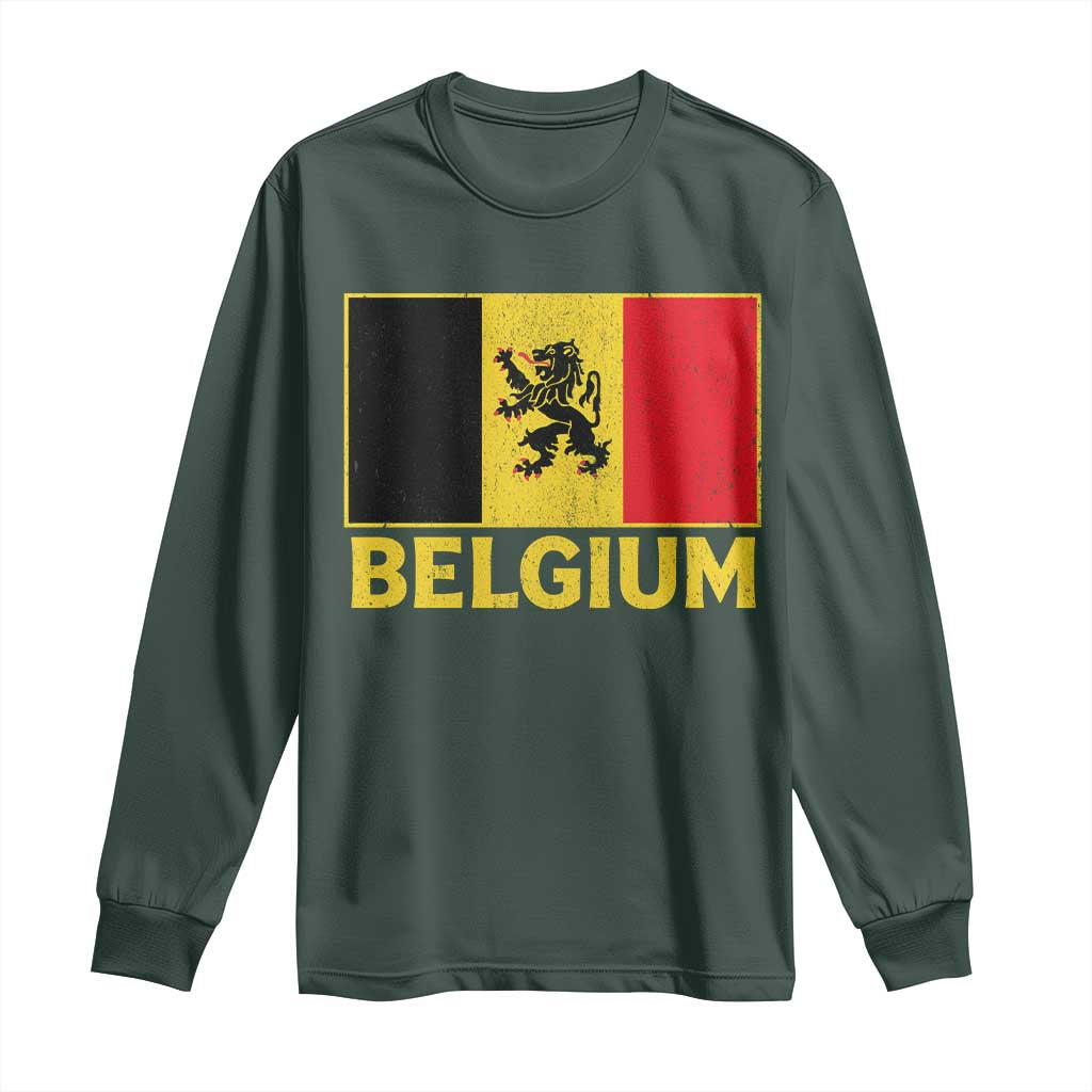 Vintage Belgium Soccer Flag with Lion Graphic Long Sleeve Shirt Belgian Football Pride Gift for Fans TS10 S Dark Forest Green Print Your Wear