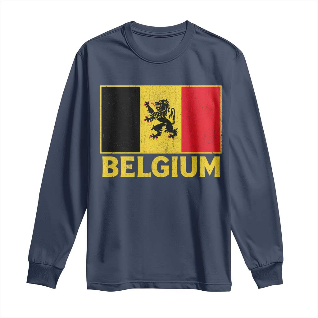 Vintage Belgium Soccer Flag with Lion Graphic Long Sleeve Shirt Belgian Football Pride Gift for Fans TS10 Navy Print Your Wear