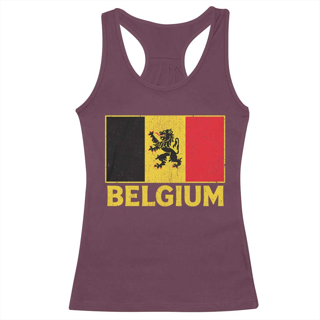 Vintage Belgium Soccer Flag with Lion Graphic Racerback Tank Top Belgian Football Pride Gift for Fans TS10 Maroon Print Your Wear