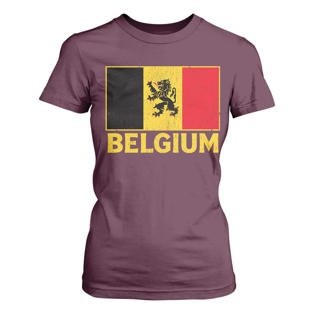 Vintage Belgium Soccer Flag with Lion Graphic T Shirt For Women Belgian Football Pride Gift for Fans TS10 Maroon Print Your Wear