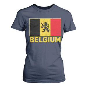 Vintage Belgium Soccer Flag with Lion Graphic T Shirt For Women Belgian Football Pride Gift for Fans TS10 Navy Print Your Wear