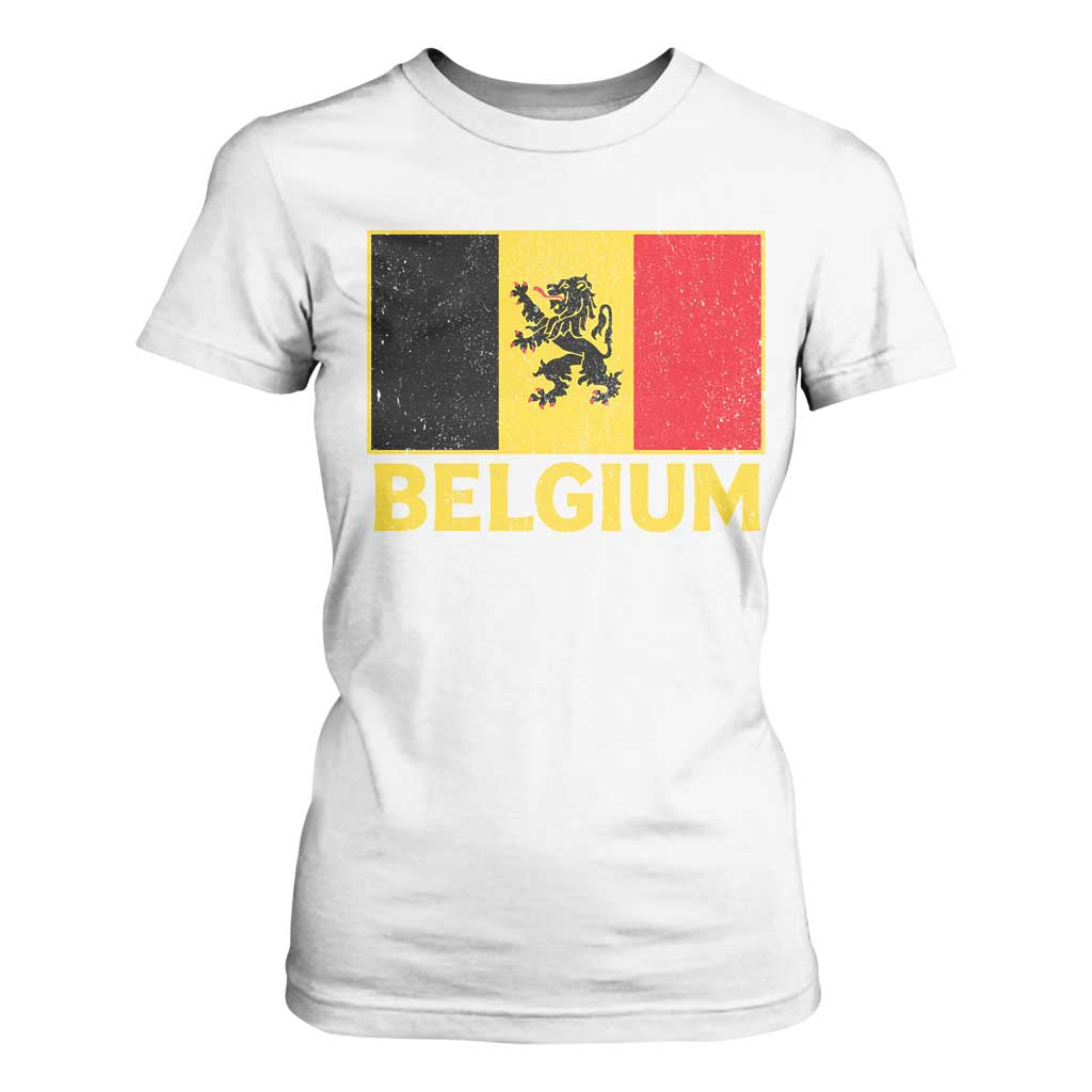 Vintage Belgium Soccer Flag with Lion Graphic T Shirt For Women Belgian Football Pride Gift for Fans TS10 White Print Your Wear