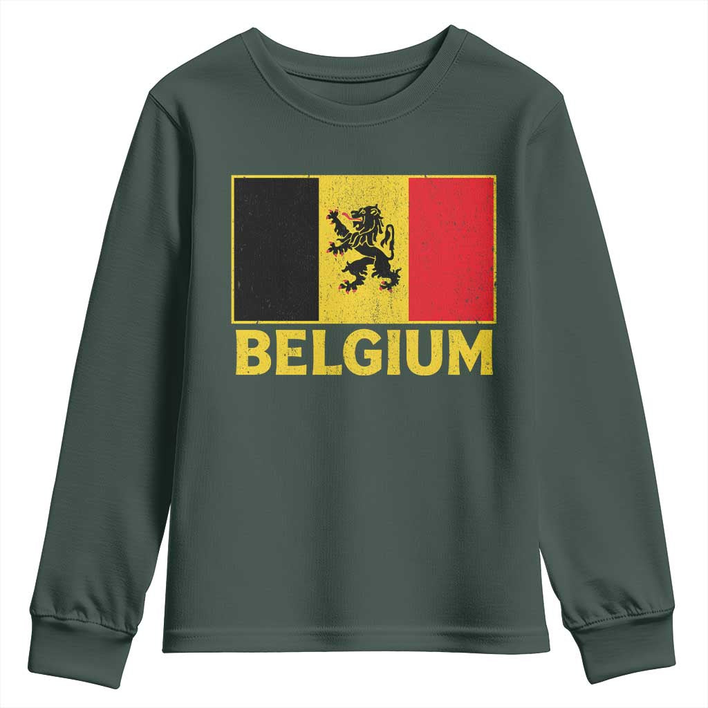 Vintage Belgium Soccer Flag with Lion Graphic Youth Sweatshirt Belgian Football Pride Gift for Fans TS10 Dark Forest Green Print Your Wear