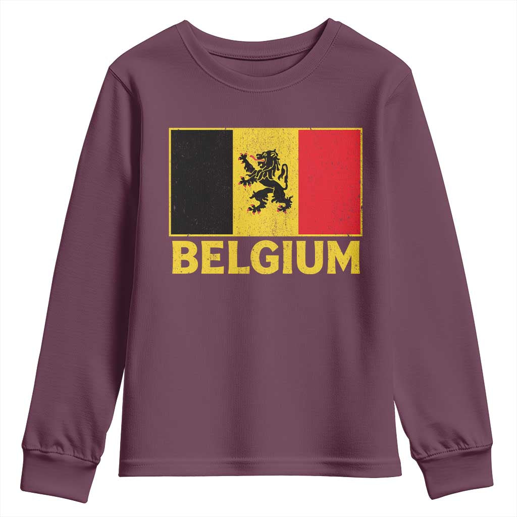Vintage Belgium Soccer Flag with Lion Graphic Youth Sweatshirt Belgian Football Pride Gift for Fans TS10 Maroon Print Your Wear