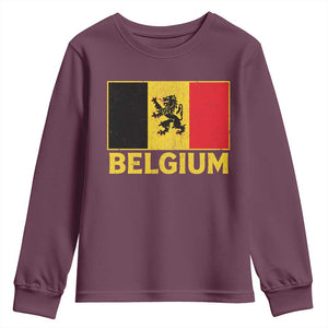 Vintage Belgium Soccer Flag with Lion Graphic Youth Sweatshirt Belgian Football Pride Gift for Fans TS10 Maroon Print Your Wear