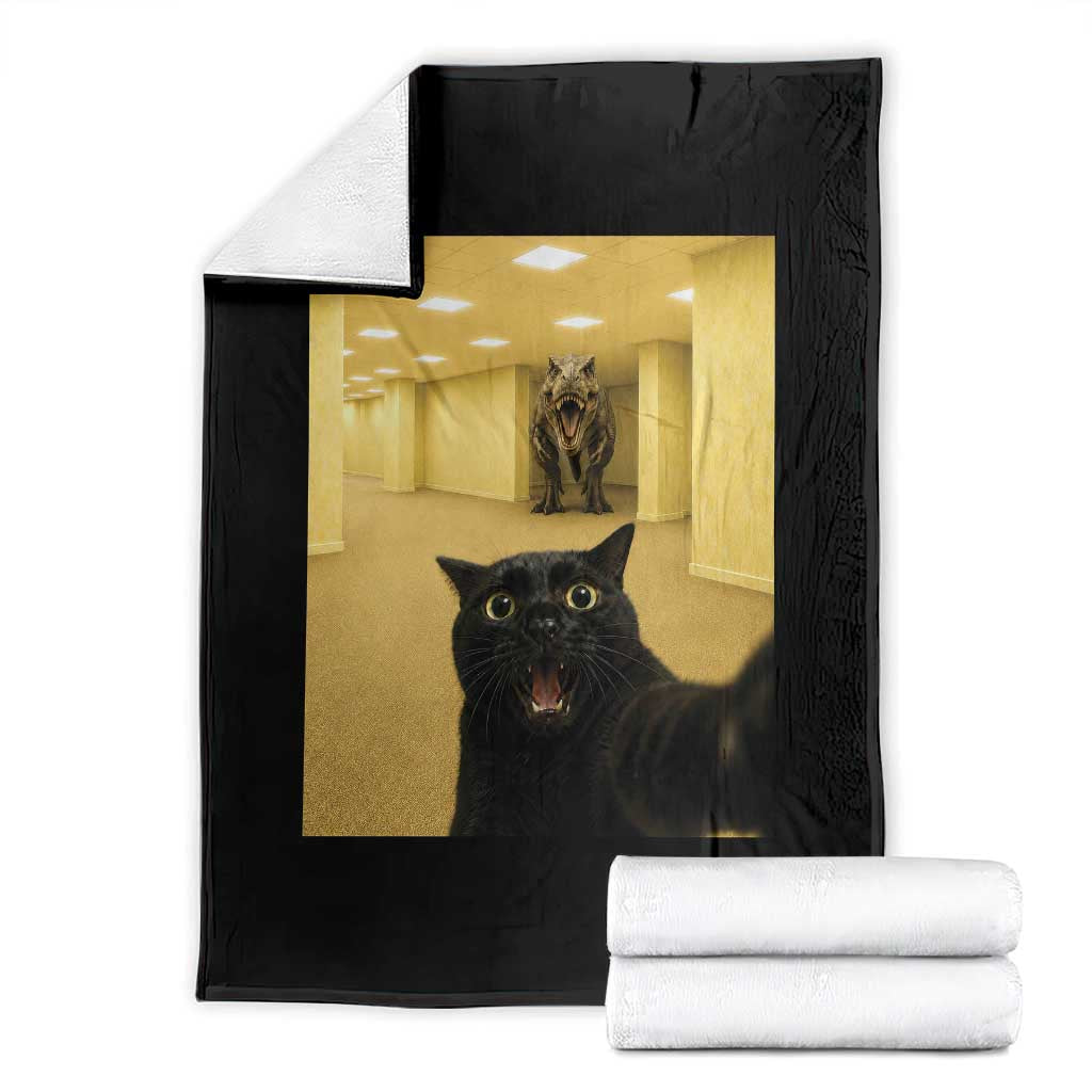 Black Cat Selfie with Dinosaur in The Backrooms Liminal Space Graphic Throw Blanket Liminal Space Urban Legend Meme TS10 Black Print Your Wear
