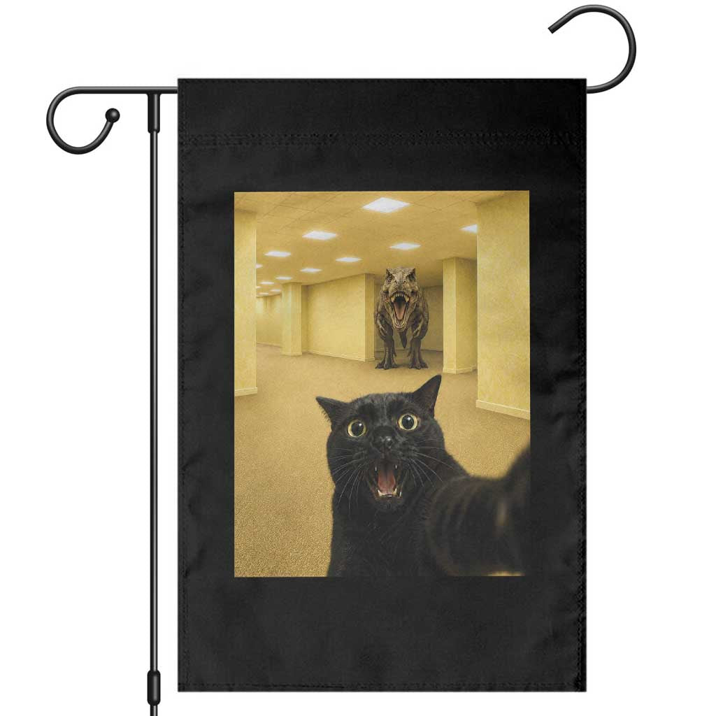 Black Cat Selfie with Dinosaur in The Backrooms Liminal Space Graphic Garden Flag Liminal Space Urban Legend Meme TS10 Black Print Your Wear