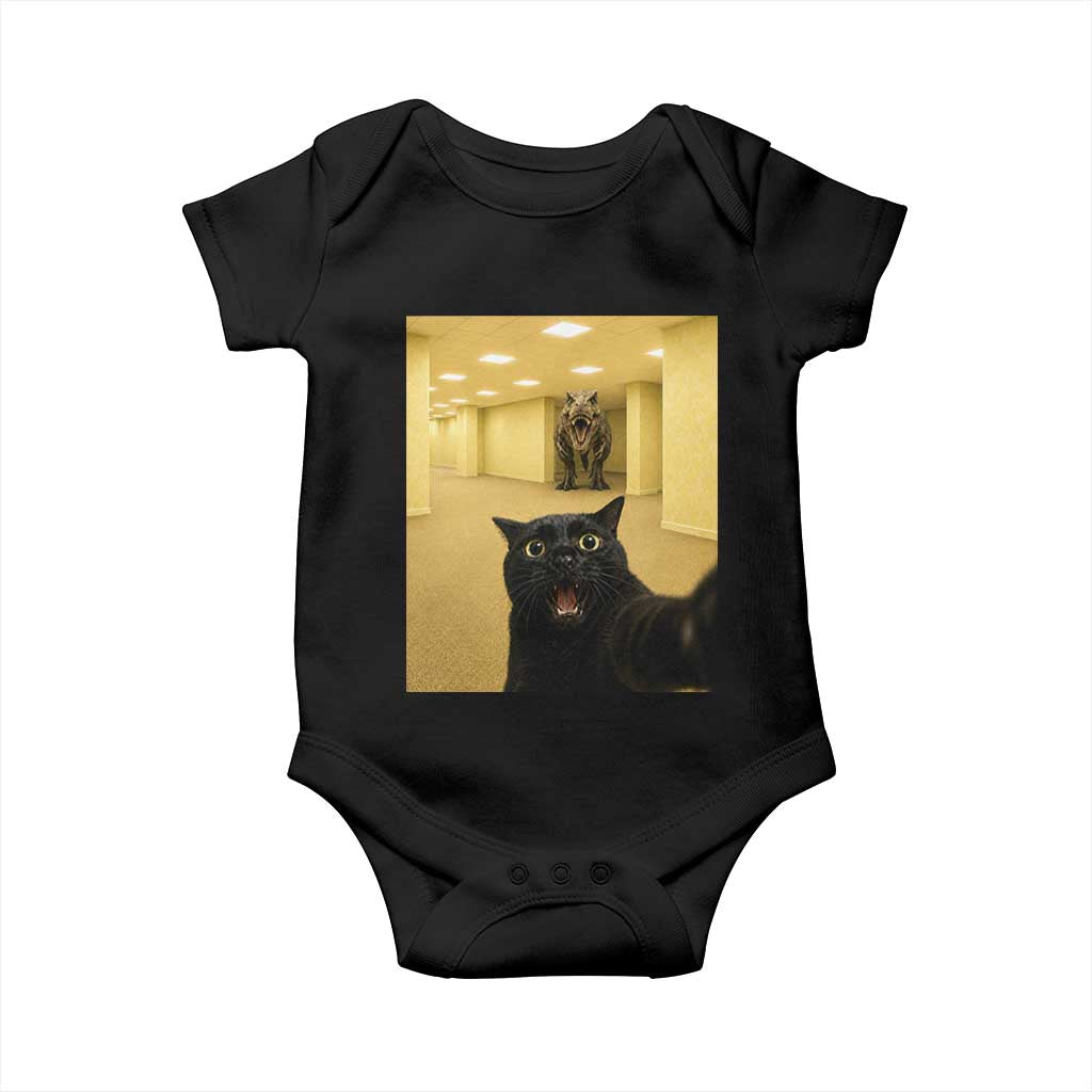 Black Cat Selfie with Dinosaur in The Backrooms Liminal Space Graphic Baby Onesie Liminal Space Urban Legend Meme TS10 Black Print Your Wear