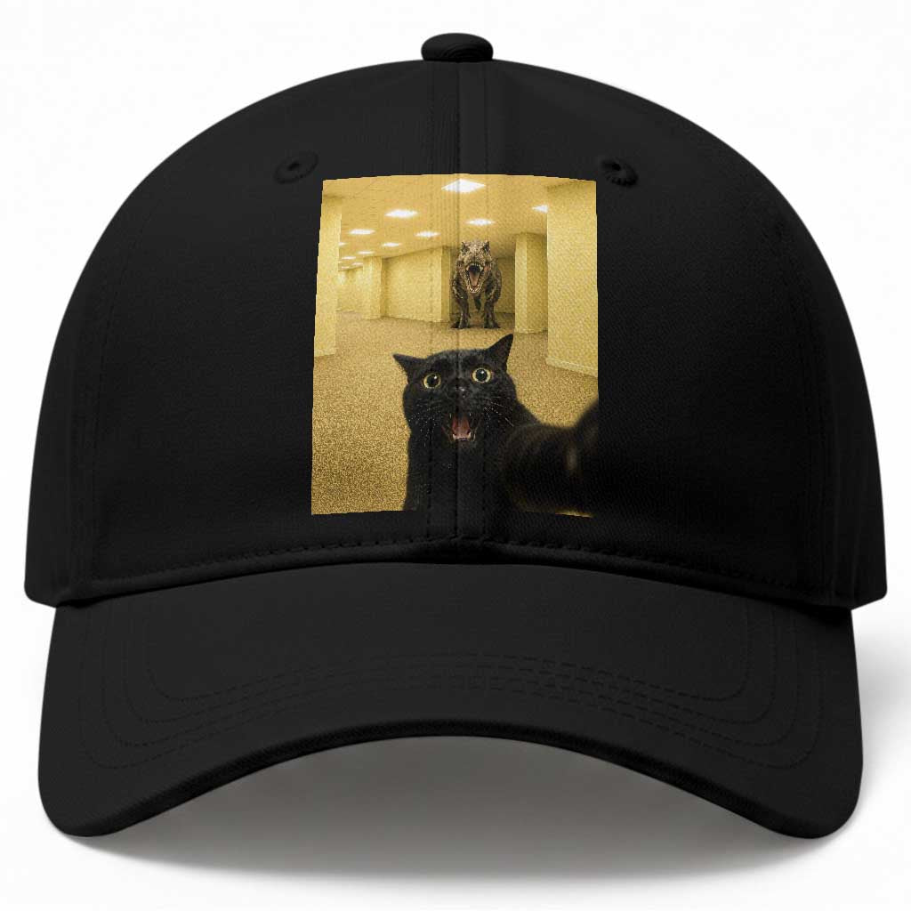 Black Cat Selfie with Dinosaur in The Backrooms Liminal Space Graphic Baseball Cap Liminal Space Urban Legend Meme TS10 Print Your Wear