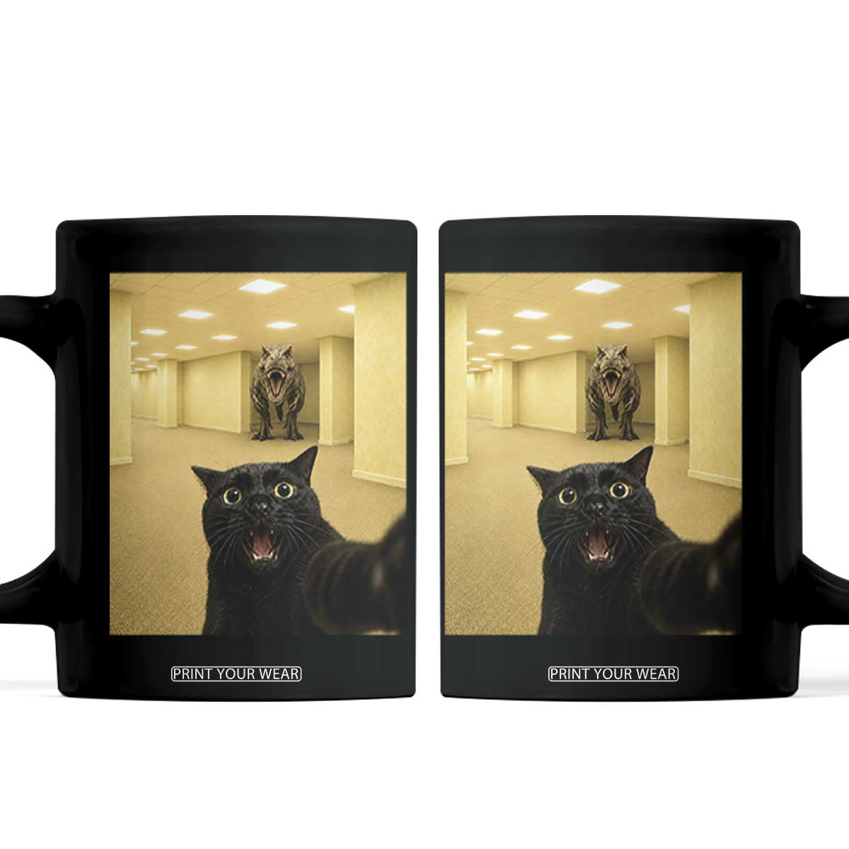 Black Cat Selfie with Dinosaur in The Backrooms Liminal Space Graphic Coffee Mug Liminal Space Urban Legend Meme TS10 Black Print Your Wear