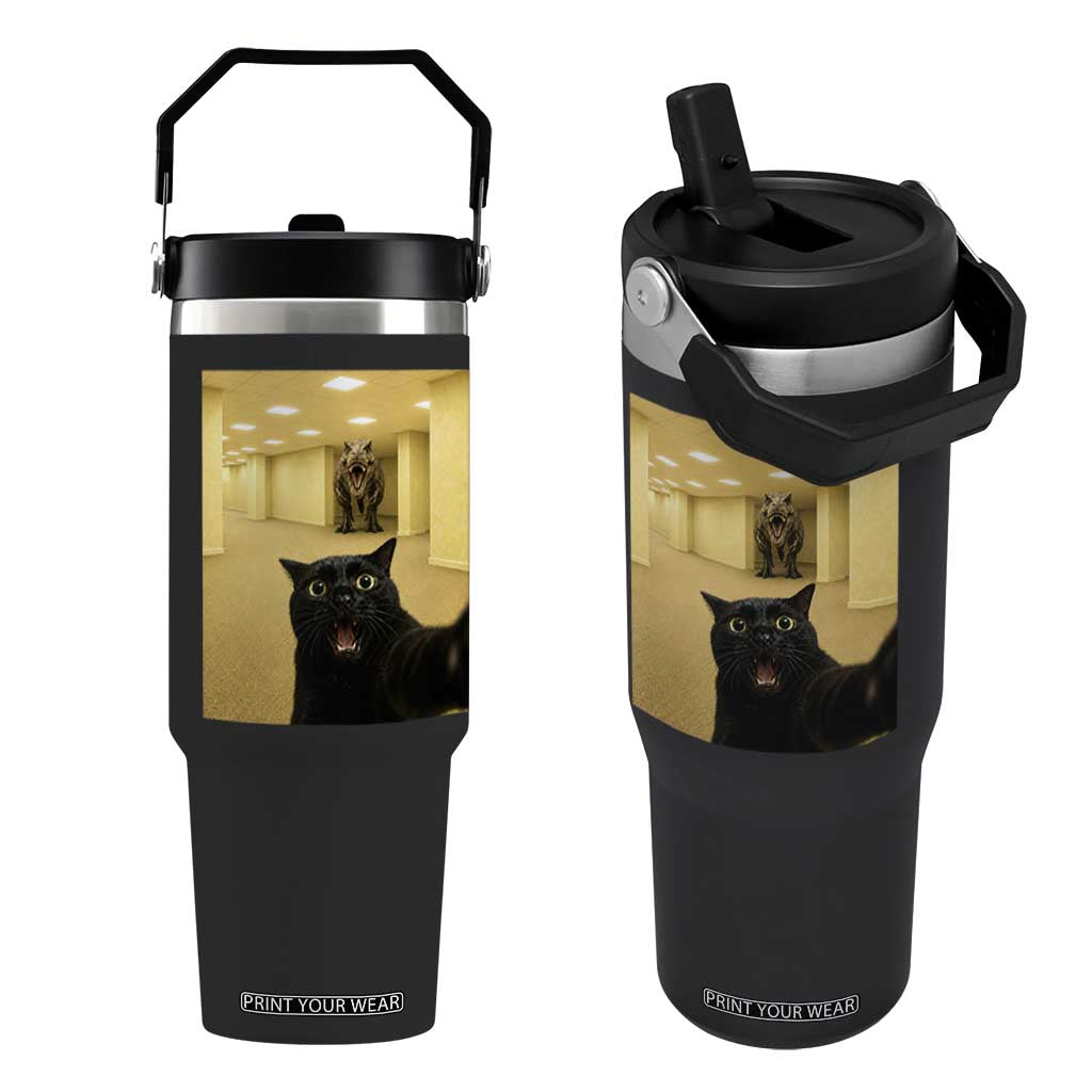 Black Cat Selfie with Dinosaur in The Backrooms Liminal Space Graphic Flip Straw Tumbler Liminal Space Urban Legend Meme TS10 One Size: 30 oz Black Print Your Wear