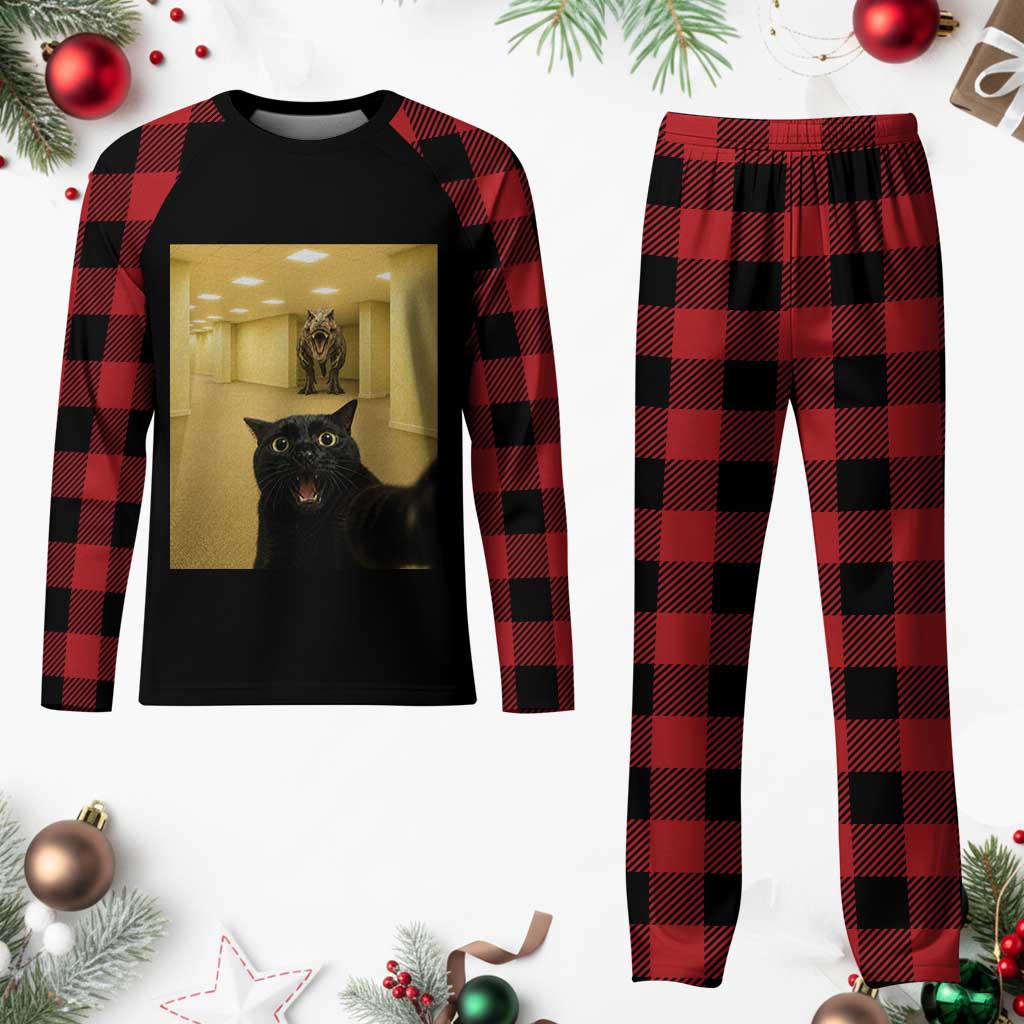 Black Cat Selfie with Dinosaur in The Backrooms Liminal Space Graphic Plaid Pajama Set Liminal Space Urban Legend Meme TS10 Buffalo Plaid Print Your Wear