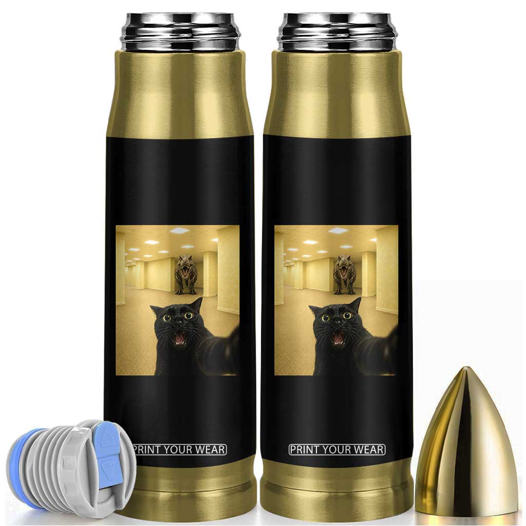 Black Cat Selfie with Dinosaur in The Backrooms Liminal Space Graphic Bullet Tumbler Liminal Space Urban Legend Meme TS10 Black Print Your Wear