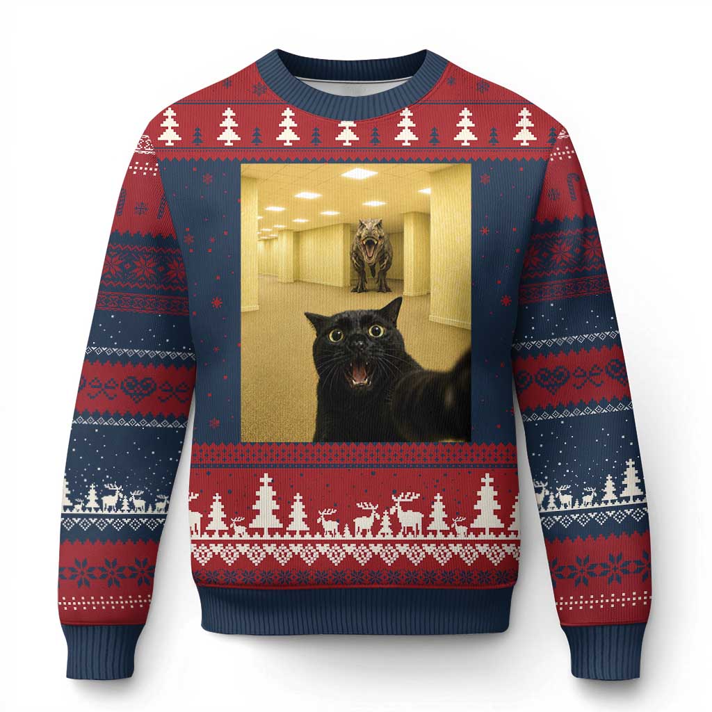 Black Cat Selfie with Dinosaur in The Backrooms Liminal Space Graphic Ugly Christmas Sweater Liminal Space Urban Legend Meme TS10 Navy Red Print Your Wear