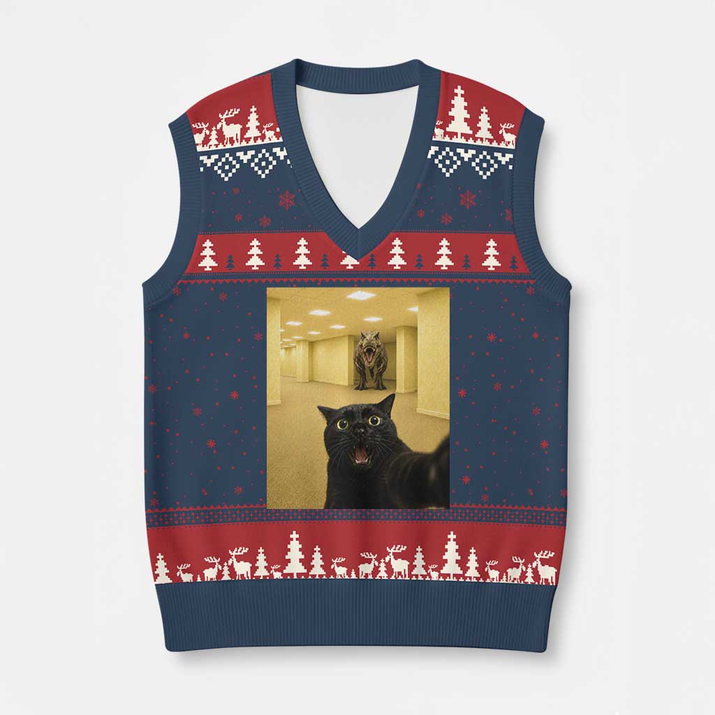 Black Cat Selfie with Dinosaur in The Backrooms Liminal Space Graphic V-Neck Knit Sweater Vest Liminal Space Urban Legend Meme TS10 Navy Red Print Your Wear
