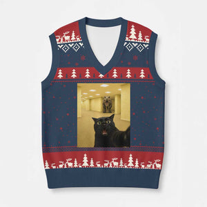 Black Cat Selfie with Dinosaur in The Backrooms Liminal Space Graphic V-Neck Knit Sweater Vest Liminal Space Urban Legend Meme TS10 Navy Red Print Your Wear