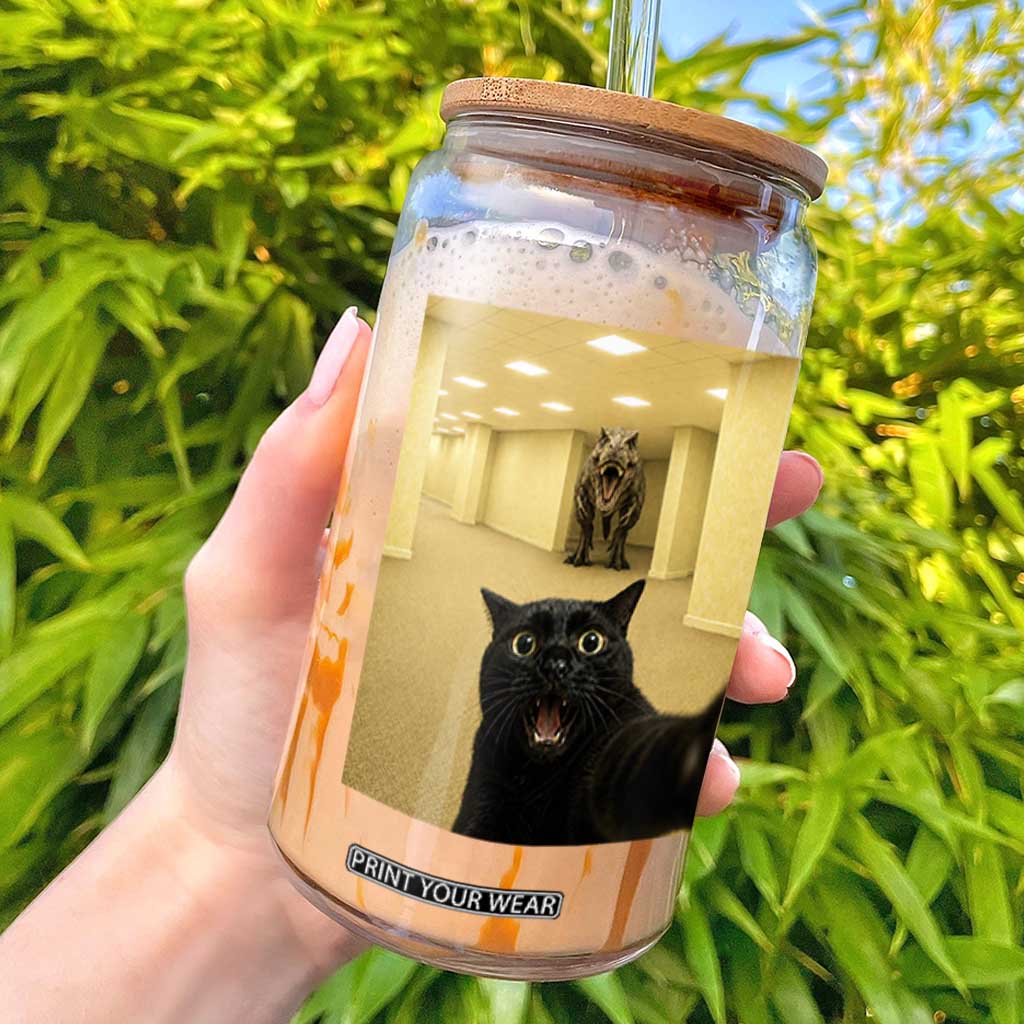 Black Cat Selfie with Dinosaur in The Backrooms Liminal Space Graphic Glass Can Liminal Space Urban Legend Meme TS10 Black Print Your Wear