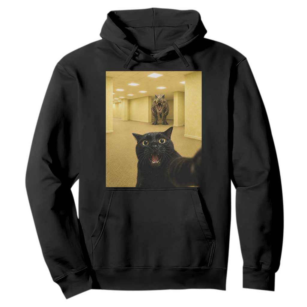 Black Cat Selfie with Dinosaur in The Backrooms Liminal Space Graphic Hoodie Liminal Space Urban Legend Meme TS10 Black Print Your Wear