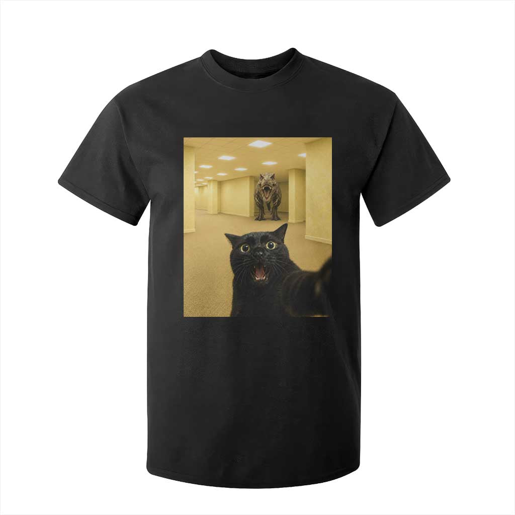 Black Cat Selfie with Dinosaur in The Backrooms Liminal Space Graphic T Shirt For Kid Liminal Space Urban Legend Meme TS10 Black Print Your Wear