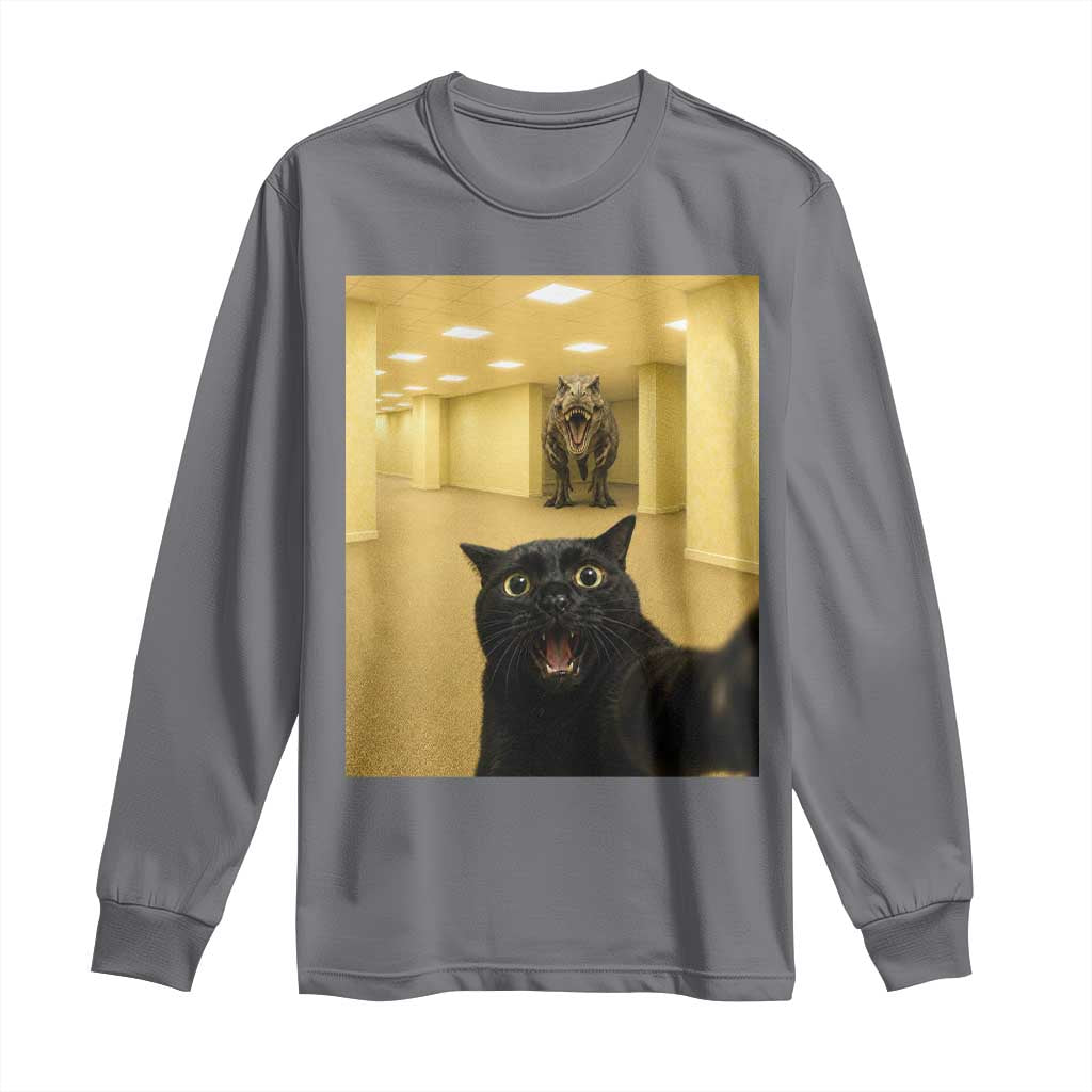 Black Cat Selfie with Dinosaur in The Backrooms Liminal Space Graphic Long Sleeve Shirt Liminal Space Urban Legend Meme TS10 Charcoal Print Your Wear