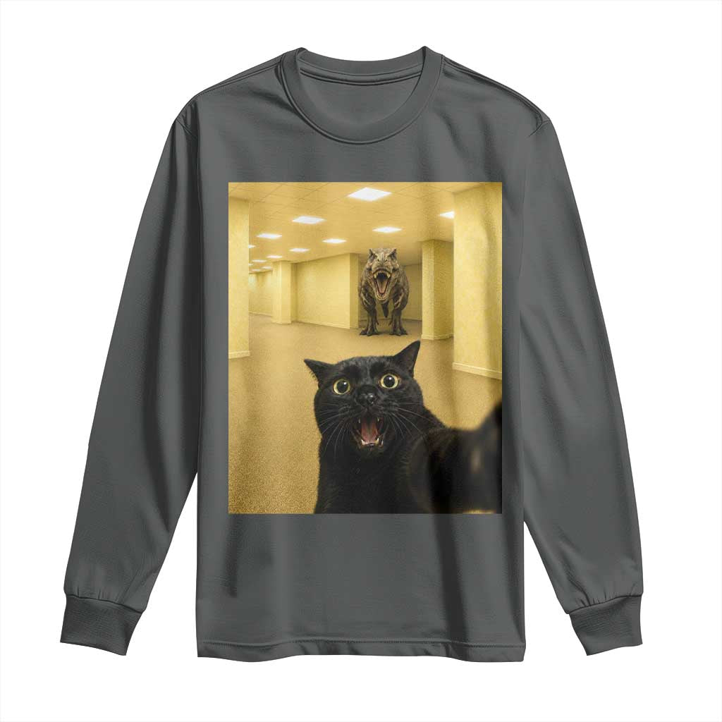 Black Cat Selfie with Dinosaur in The Backrooms Liminal Space Graphic Long Sleeve Shirt Liminal Space Urban Legend Meme TS10 Dark Heather Print Your Wear