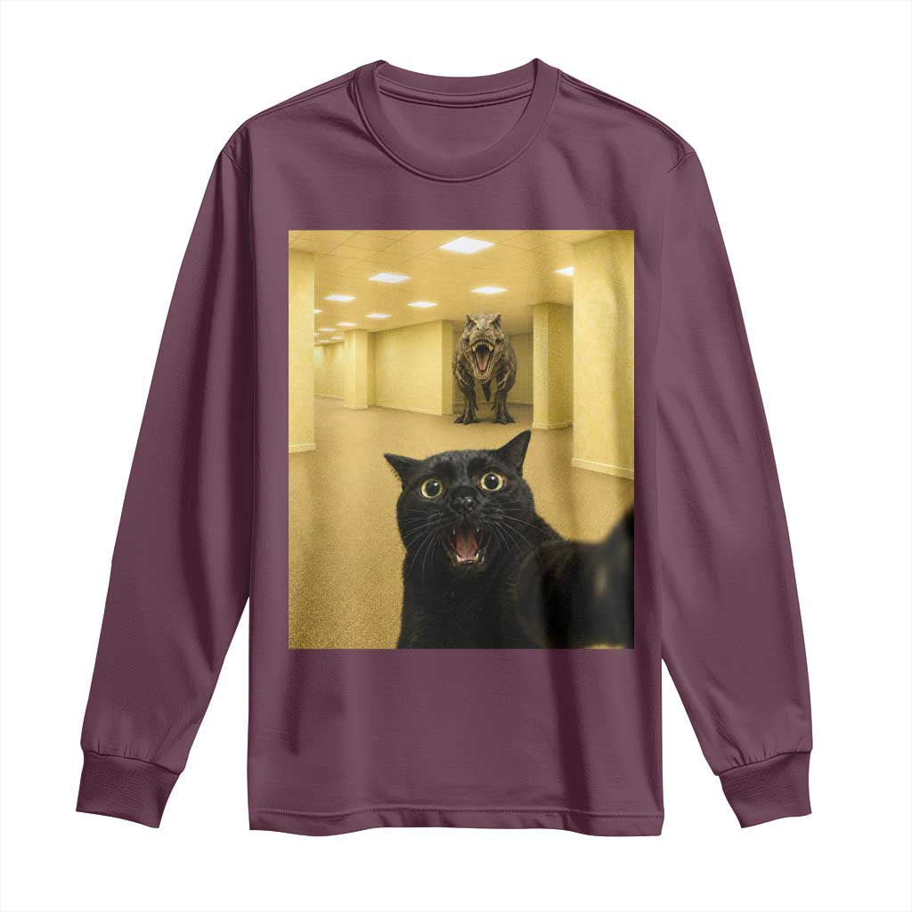 Black Cat Selfie with Dinosaur in The Backrooms Liminal Space Graphic Long Sleeve Shirt Liminal Space Urban Legend Meme TS10 Maroon Print Your Wear