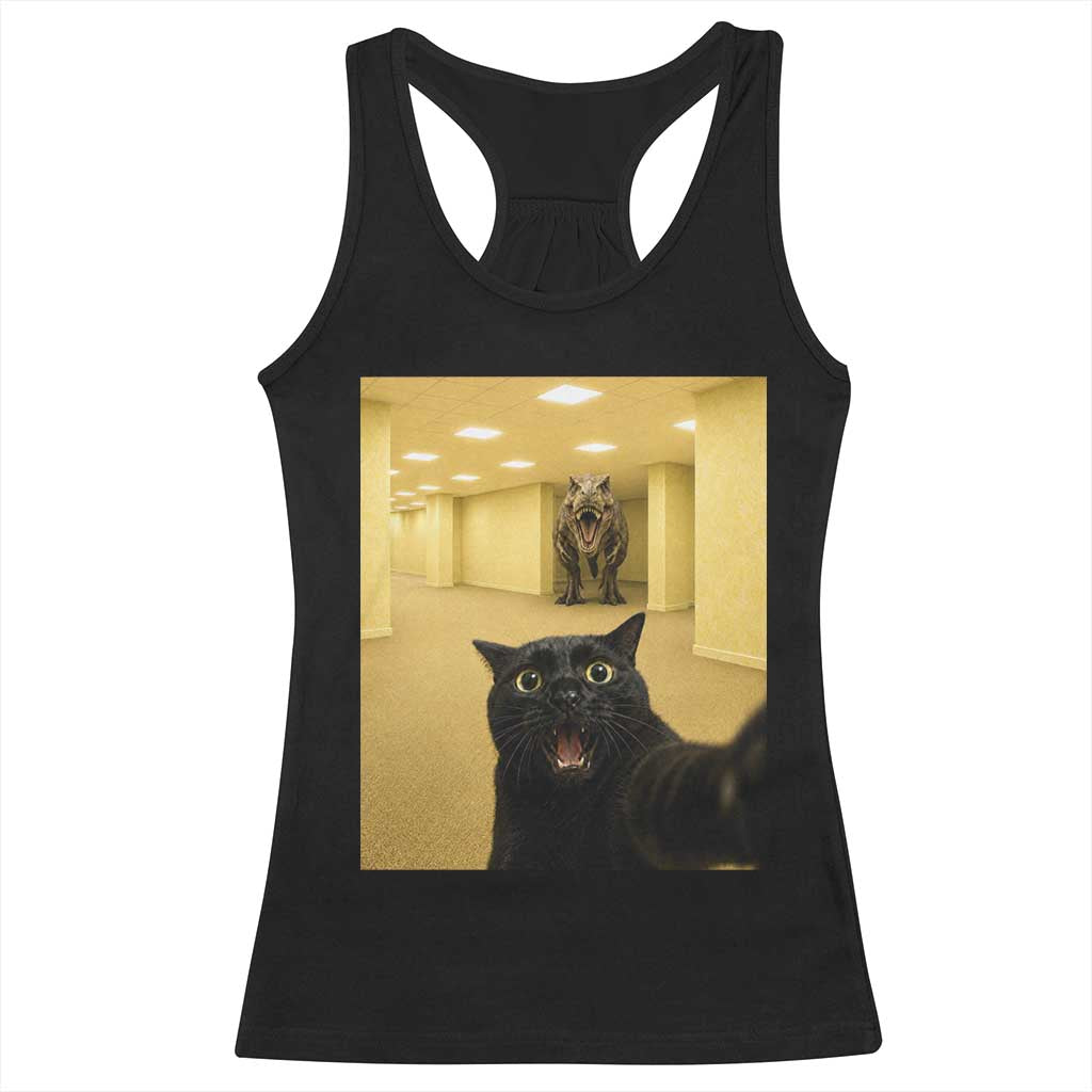 Black Cat Selfie with Dinosaur in The Backrooms Liminal Space Graphic Racerback Tank Top Liminal Space Urban Legend Meme TS10 Black Print Your Wear