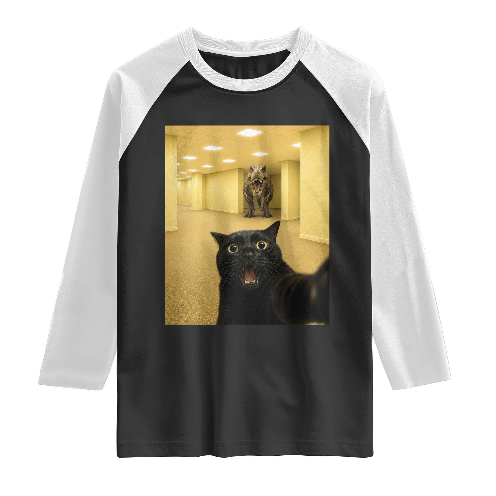 Black Cat Selfie with Dinosaur in The Backrooms Liminal Space Graphic Raglan Shirt Liminal Space Urban Legend Meme TS10 Black White Print Your Wear
