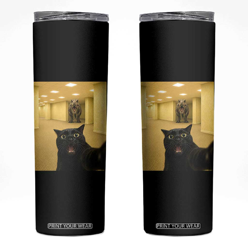 Black Cat Selfie with Dinosaur in The Backrooms Liminal Space Graphic Skinny Tumbler Liminal Space Urban Legend Meme TS10 Black Print Your Wear