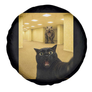 Black Cat Selfie with Dinosaur in The Backrooms Liminal Space Graphic Spare Tire Cover Liminal Space Urban Legend Meme TS10 Print Your Wear