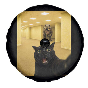 Black Cat Selfie with Dinosaur in The Backrooms Liminal Space Graphic Spare Tire Cover Liminal Space Urban Legend Meme TS10 Print Your Wear