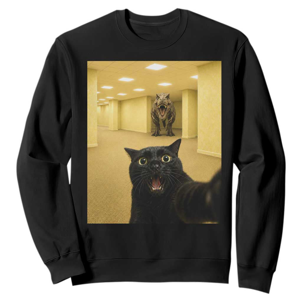 Black Cat Selfie with Dinosaur in The Backrooms Liminal Space Graphic Sweatshirt Liminal Space Urban Legend Meme TS10 Black Print Your Wear