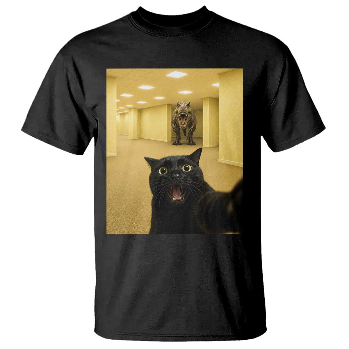Black Cat Selfie with Dinosaur in The Backrooms Liminal Space Graphic T Shirt Liminal Space Urban Legend Meme TS10 Black Print Your Wear