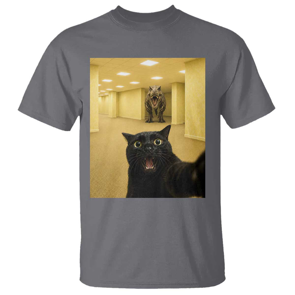 Black Cat Selfie with Dinosaur in The Backrooms Liminal Space Graphic T Shirt Liminal Space Urban Legend Meme TS10 Charcoal Print Your Wear