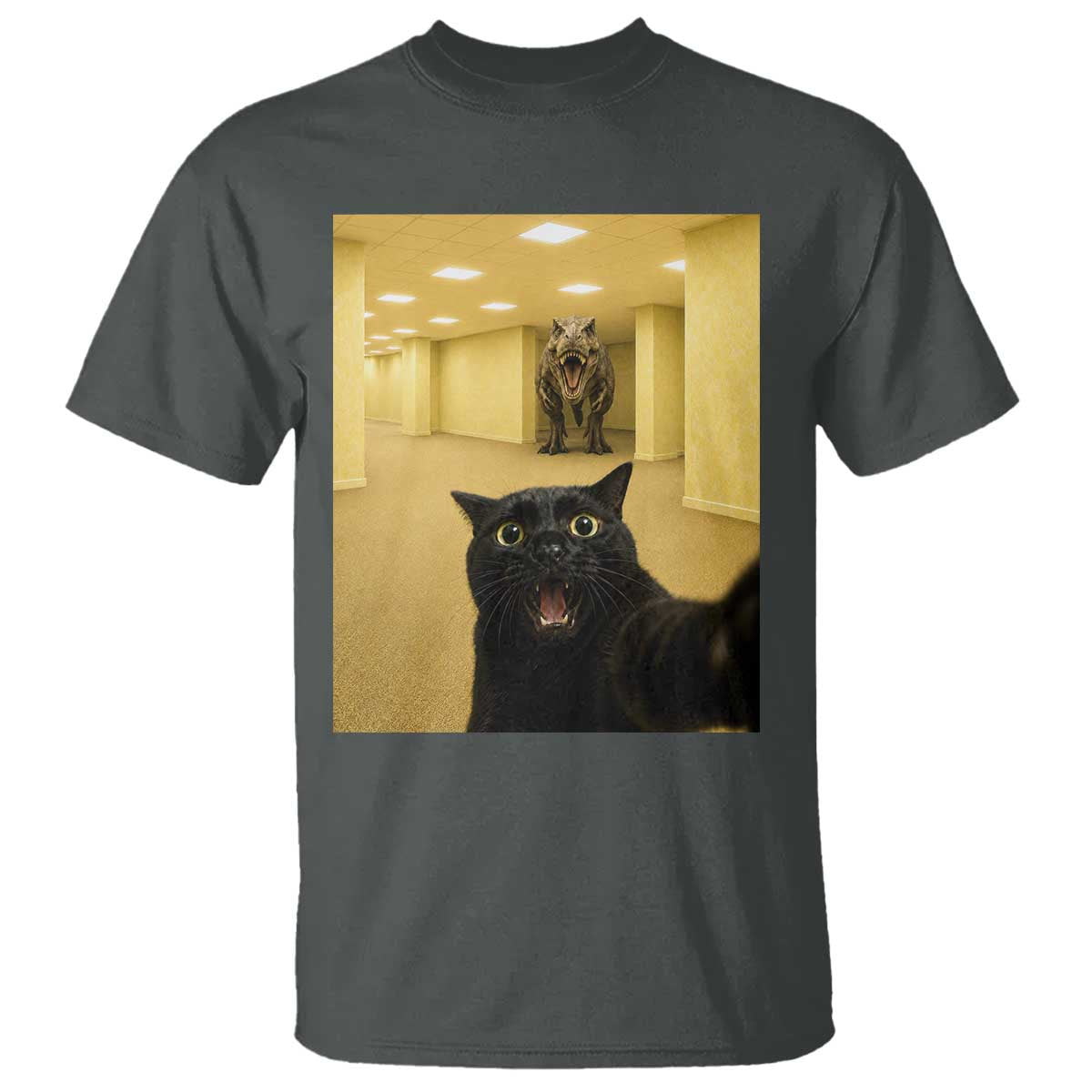 Black Cat Selfie with Dinosaur in The Backrooms Liminal Space Graphic T Shirt Liminal Space Urban Legend Meme TS10 Dark Heather Print Your Wear